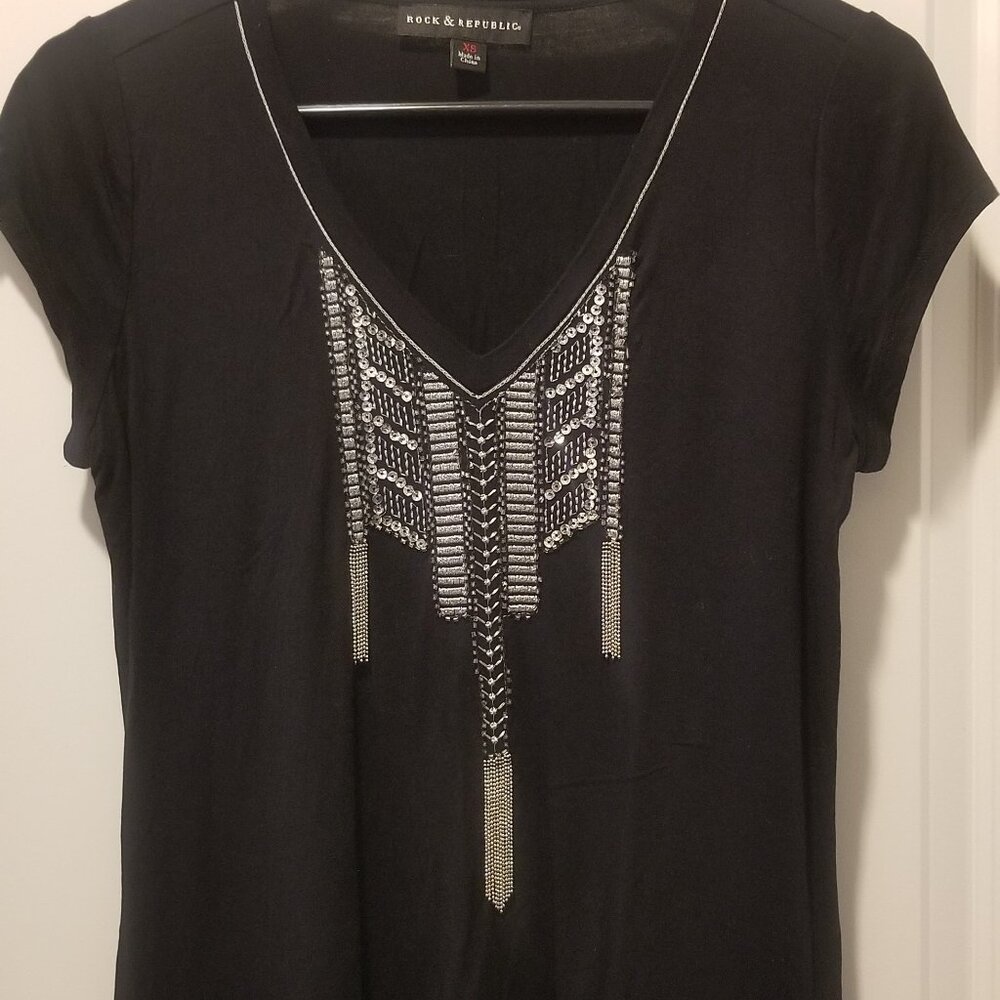 Rock & Republic Black Embellished Beaded Sequin Y2K Tee XS